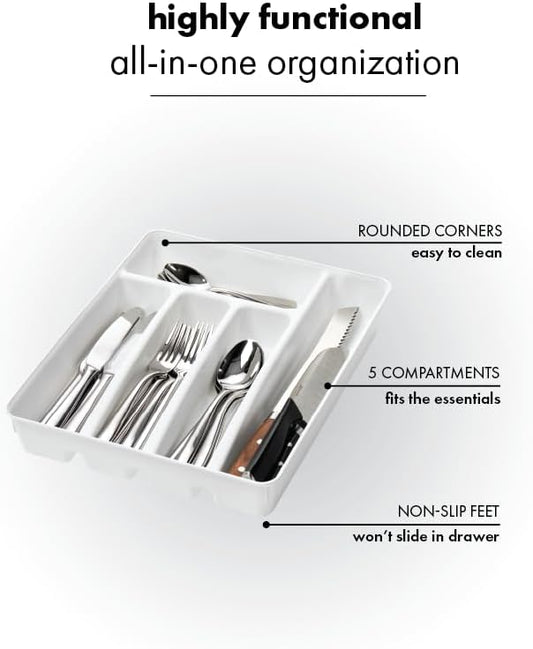 madesmart Silverware Tray, 5 Compartment Flatware Organizer for Forks, Knives & Spoons, Durable Drawer Organizer, White