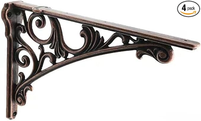 Decorative Shelf Bracket 6 inch, Antique Copper Brackets for Shelving, Heavy Duty Vintage, DIY Projects, Hardware Included, 4 Pack, 5.9x4.17x1.73 inch，Baroque Style