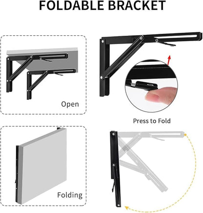 YUMORE 16 Inch Folding Shelf Brackets, Heavy Duty Collapsible Shelf Bracket, Black DIY L Bracket for Workbench Folding Table Hinge, Max Load: 330lb, Pack of 2
