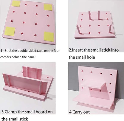 HGYZE Peg Boards for Wall with Shelf & Hooks, No Punching Craft Storage, Small Pegboard Ledges Organizer for Hanging Keychains, 4 Pack Decorative Wall Panel Kits for Blindboxes Lightweight Dolls, Pink