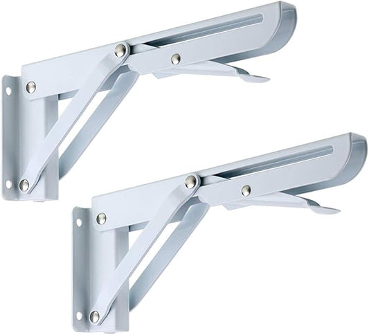 Sumnacon Sturdy Folding Shelf Brackets - Heavy Duty Metal Triangle Table Bench Folding Shelf Brackets, 2 Pcs Folding Shelf Hinge Wall Mounted (8 Inch, White)