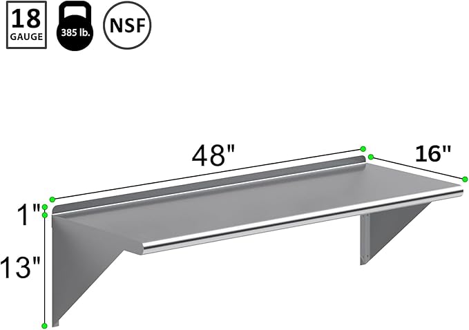 NSF Certified 18 Gauge Heavy Duty Stainless Steel Wall Shelf with Brackets for Kitchens, Utility Rooms, Storage, Offices & Home (48" x 16")