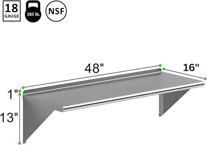 NSF Certified 18 Gauge Heavy Duty Stainless Steel Wall Shelf with Brackets for Kitchens, Utility Rooms, Storage, Offices & Home (48" x 16")