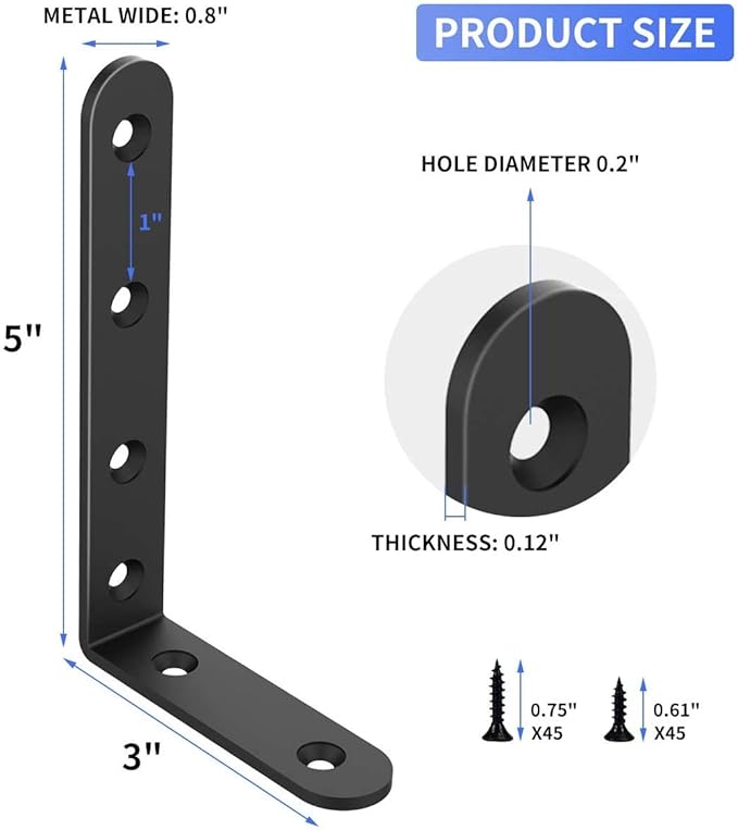 20 PCS Black Corner Bracket Heavy Duty Shelf Brackets 5 x 3 Inch L Corner Brace Joint Angle Bracket for Shelves, Furniture Cabinet Bookshelf with Screws