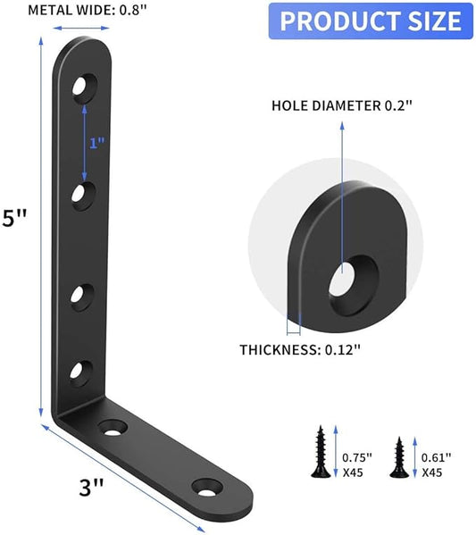 20 PCS Black Corner Bracket Heavy Duty Shelf Brackets 5 x 3 Inch L Corner Brace Joint Angle Bracket for Shelves, Furniture Cabinet Bookshelf with Screws