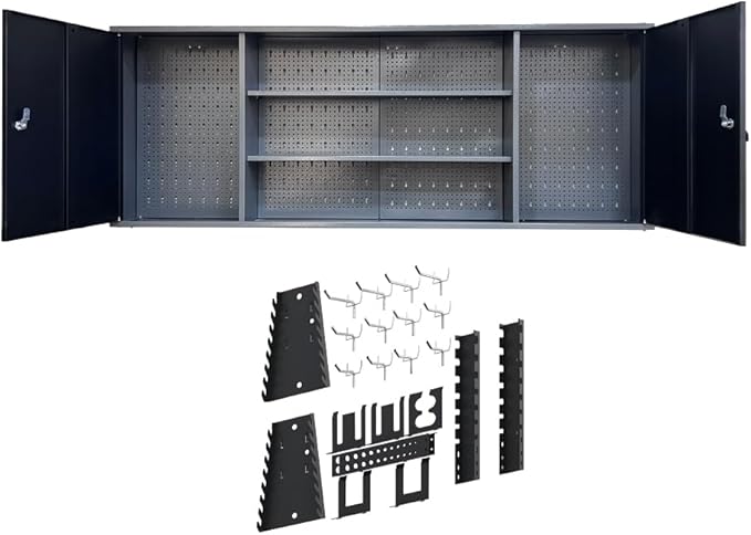 JZD Metal Garage Storage Cabinets Wall Mount with 2 Removable Shelves, Two Lockable Doors, and 22 Hooks for Tool Organization, Black & Grey