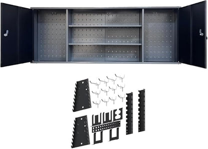 JZD Metal Garage Storage Cabinets Wall Mount with 2 Removable Shelves, Two Lockable Doors, and 22 Hooks for Tool Organization, Black & Grey