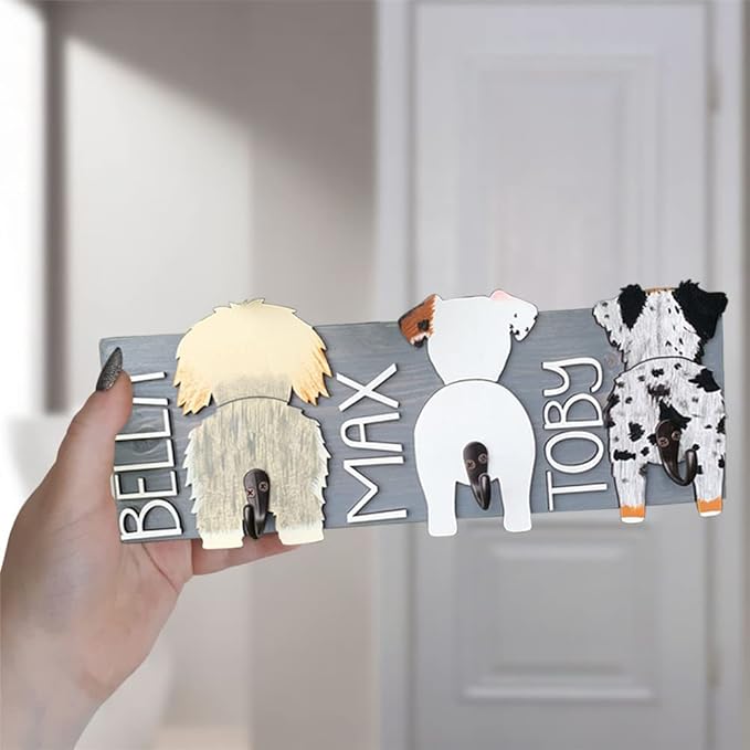 Personalized Dog Leash Holder for Wall Custom Name, Wooden Dog Butt Leash Hook, Decorative Key Rack Hooks Hanger for Entryway, Hallway, Farmhouse Dog Items Storage Organizer (3 Dog)