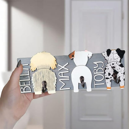 Personalized Dog Leash Holder for Wall Custom Name, Wooden Dog Butt Leash Hook, Decorative Key Rack Hooks Hanger for Entryway, Hallway, Farmhouse Dog Items Storage Organizer (3 Dog)