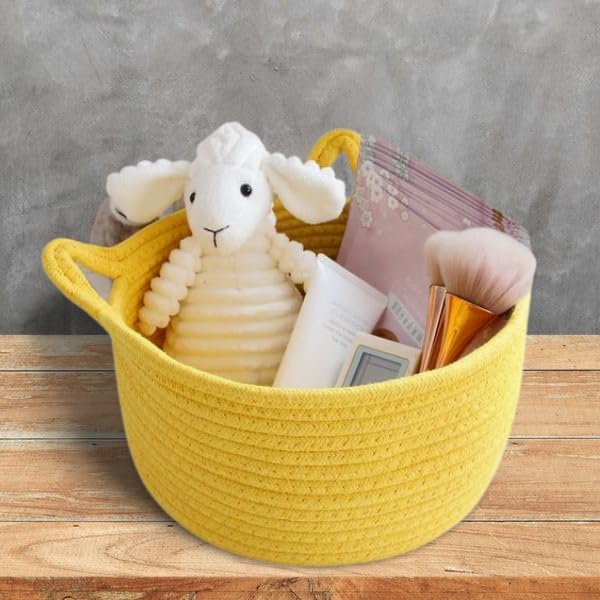 Woven Rope Basket with Cat Ears, Yellow, Round, 9.4 in