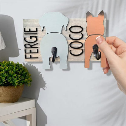 Personalized Dog Leash Holder for Wall Custom Name, Wooden Dog Butt Leash Hook, Decorative Key Rack Hooks Hanger for Entryway, Hallway, Farmhouse Dog Items Storage Organizer (2 Dog)