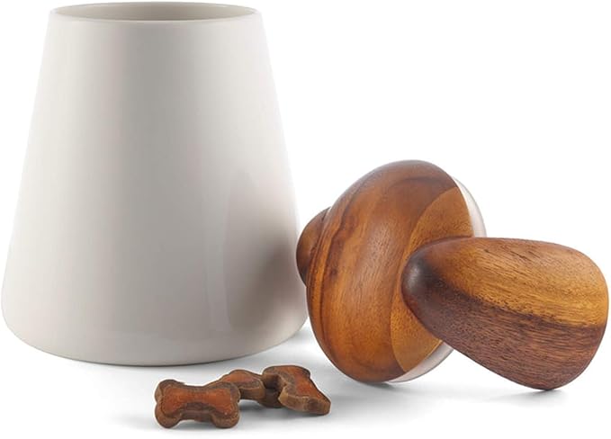 nambe Dog Treat Jar | Pet Food Storage Container | Puppy Ears Design | Made of Porcelain with Acacia Wood Lid | Measures 6.5 x 7.5 Inch | Designed by Karim Rashid