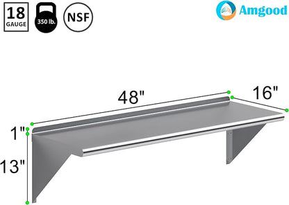 AmGood 16 in. x 48 in. Stainless Steel Wall Shelf | NSF | Metal Shelving | Garage, Laundry, Storage, Utility Room | Restaurant, Commercial Kitchen