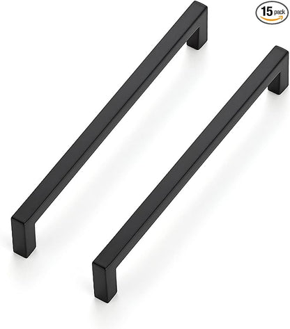 Ravinte 15 Pack Solid 6-1/4 Inch Center to Center Slim Square Bar Drawer Handles - Cabinet Hardware Pulls in Matte Black for Kitchen and Drawers
