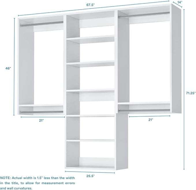 Modular Closets Vista Collection Closet Organizer System - 3 Piece Wall Mounted Kit with Hanging Rods & Shelves, White, Fits Closets 69” or wider.