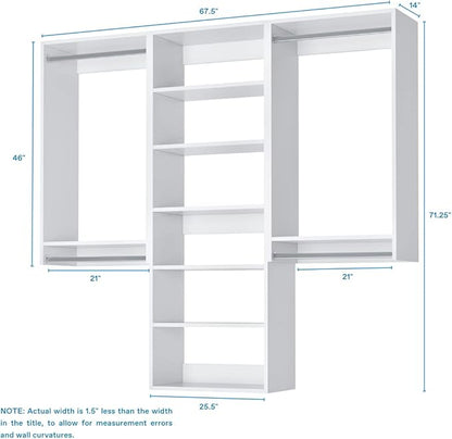 Modular Closets Vista Collection Closet Organizer System - 3 Piece Wall Mounted Kit with Hanging Rods & Shelves, White, Fits Closets 69” or wider.