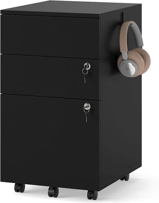 Giantex 3-Drawer File Cabinet with Lock, 27-Inches Storage Cabinet with 2 Side Hooks, Mobile Printer Stand, Wheels, 4 Keys, Vertical Filing Organizer fits Letter/A4 Size for Home Office (Black)