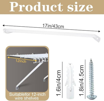 6 PCS Wire Shelf Brackets, 17 Inch Long Closet Shelf Brackets with Screws, Metal Support Bracket for Wire Closet Shelving, Heavy Duty