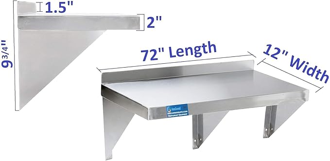 | Stainless Steel Wall Shelf | Square Edge | Metal Shelving | Heavy Duty | Commercial Grade | Wall Mount | NSF Certified (12” Width x 72” Length)