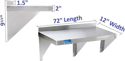 | Stainless Steel Wall Shelf | Square Edge | Metal Shelving | Heavy Duty | Commercial Grade | Wall Mount | NSF Certified (12” Width x 72” Length)