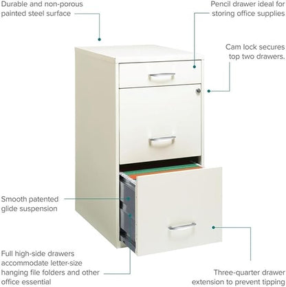 Scranton & Co 3-Drawer Metal Filing Cabinet, 27.32" H x 14.25" W x 18.00" D, Pearl White Finish, Locking Storage with Letter-Size File Drawers, Non-Porous Painted Steel for Home or Office