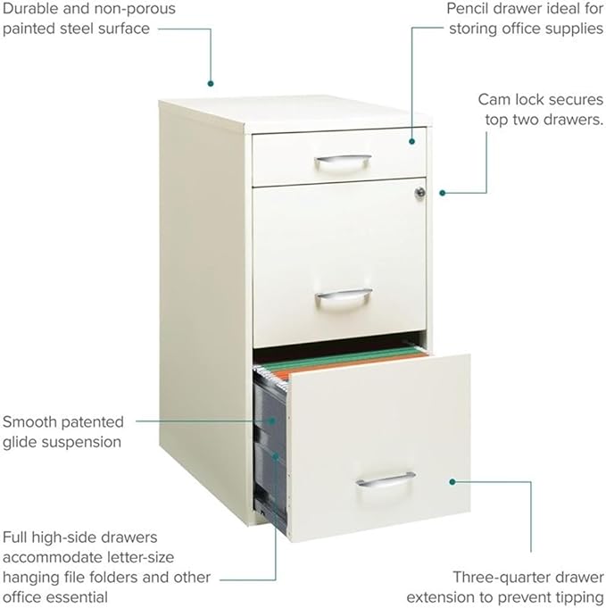Pemberly Row 3 Drawers 27.32" Vertical White Metal Filing Cabinet Lockable Pre-Assembled Stationary Letter Size for Home, Office
