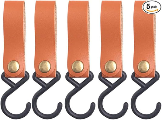 Leather Straps with Hooks 5Pcs Leather Hooks S Shelf Hooks Camping Hook for Kitchen, Bathroom, Bedroom, Office, and Outdoor Use - Stylish and Durable Storage Solution (orange brown)
