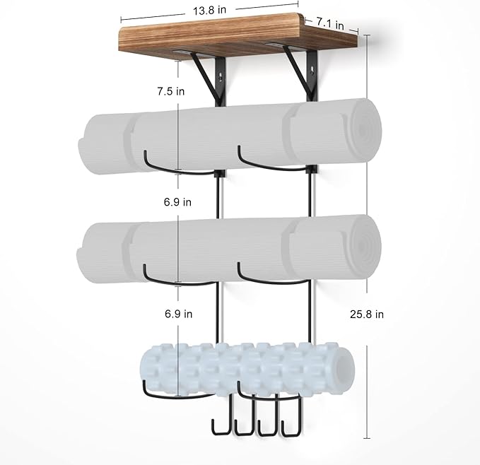 VINAEMO Yoga Mat Holder Accessories Wall Mount Organizer Storage Decor Foam Roller and Towel Storage Rack with 4 Hooks and Wooden Shelves Yoga Mats Rack Resistance Bands for Home Gym School Office