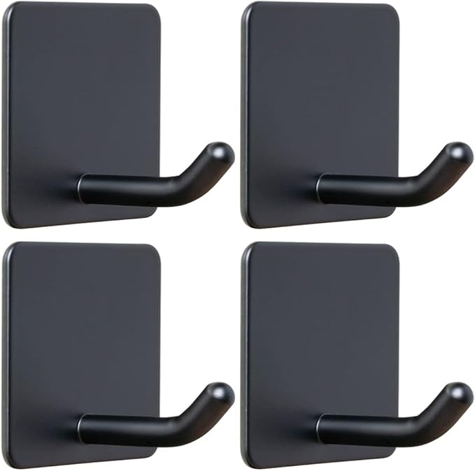 FOTYRIG Adhesive Towel Hooks No Drill Wall Hooks Stick on Wall Hangers Shower Hooks for Inside Shower Bathrooms Kitchen Door Black -4 Packs