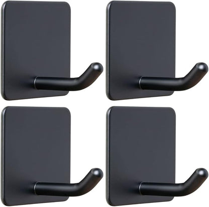 FOTYRIG Adhesive Towel Hooks No Drill Wall Hooks Stick on Wall Hangers Shower Hooks for Inside Shower Bathrooms Kitchen Door Black -4 Packs