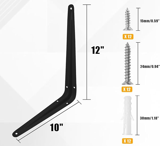 4 Pcs Black Steel Wall Mount Shelf Brackets, 10 x 12 Inch Heavy Duty Metal Corner Angle Shelves with Wall Anchors and Screws