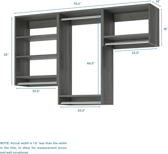 Closet Kit with Hanging Rods - Corner Closet System - Closet Shelves - Closet Organizers and Storage Shelves (Grey, 78 inches Wide) Closet Shelving