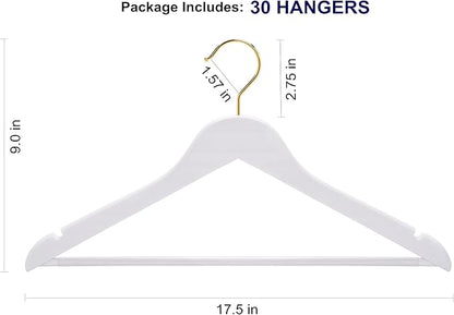 Amber Home 20 Pack Solid Wood Suit Coat Hangers, Smooth White Finish Wooden Dress Hangers with Non Slip Pant Bar, Clothes Hangers with Gold Hook & Notches for Jacket, Pant, Shirt (White+Gold, 20)