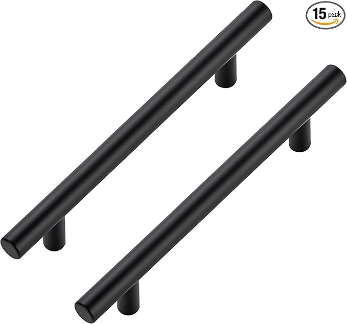JOY DECOR 15 Pack Cabinet Handles, Black Cabinet Pulls, 5 in Hole Center Kitchen Hardware, Stainless Steel T Bar Handles for Dresser Drawers
