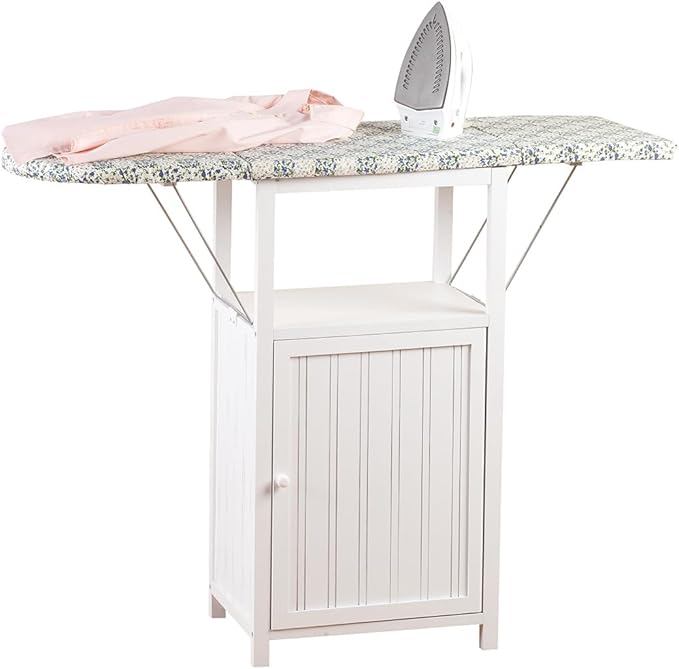 OakRidge Deluxe Ironing Board with Storage Cabinet, Perfect for Small Spaces with Extra Storage, Folding Station, Crafted with 100% Durable Wood, White Design – Measures 36.5" H x 15.5" W x 23" L