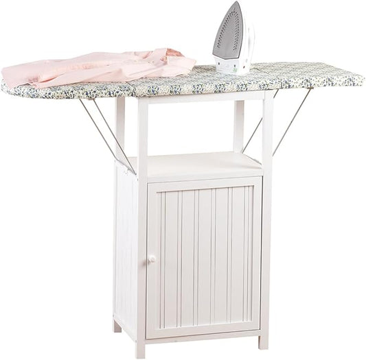 OakRidge Deluxe Ironing Board with Storage Cabinet, Perfect for Small Spaces with Extra Storage, Folding Station, Crafted with 100% Durable Wood, White Design – Measures 36.5" H x 15.5" W x 23" L