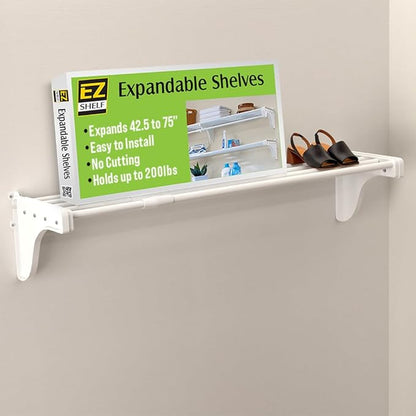 EZ Shelf-Expandable-Closet Shelf (NO Hanging Rod)- 42.5” to 75” -White-Easy Install to Backwall(Floating)-Wire Closet Shelving Alternative-(EZS-SW72-1-2)