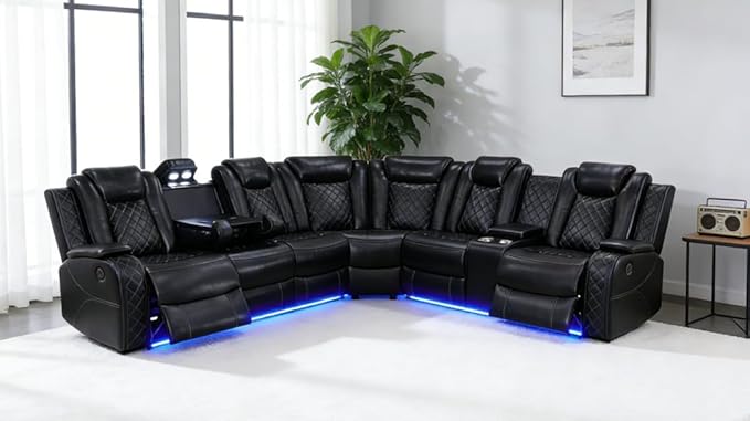 Power Sectional Sofa, Power Recliner Sofa Set for Living Room, Leather Reclining Sectional, Black 3PCS Recliner Couch Loveseat Sets with LED, USB Charging, Cup Holders, Storage for Home/Office