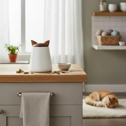Nambé Cat Treat Jar - 5.5” x 7”, Decorative Feline Storage Container with Acacia Wood Lid & Porcelain Base - Airtight Countertop Jar for Pet Treats, Snacks & Kitchen Décor
