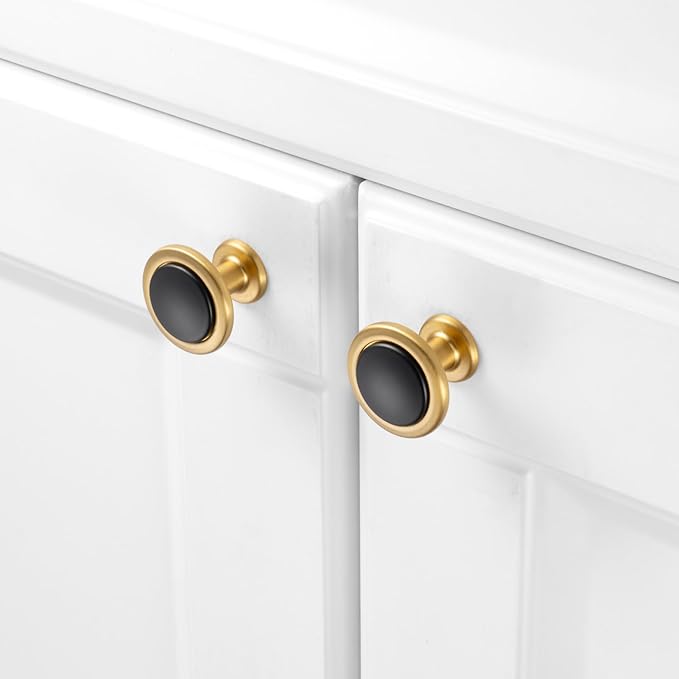 KOOFIZO 10 Pack Black and Gold Kitchen Cabinet Knobs Matte Black and Gold Drawer Knobs 1960 Round Single Hole Cabinet Pulls for Cabinets Drawers Dresser Cupboard Bedroom Bathroom