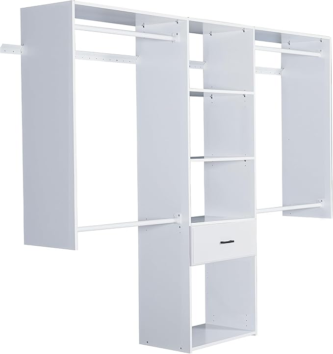 Wall Mounted Closet System, with Hanging Rod and All Hardware Kits, Large Garment Rack Shelves and One Drawer, Need to be Assembled, MDF with White Color for Bedroom and Closet