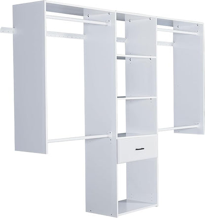 Wall Mounted Closet System, with Hanging Rod and All Hardware Kits, Large Garment Rack Shelves and One Drawer, Need to be Assembled, MDF with White Color for Bedroom and Closet