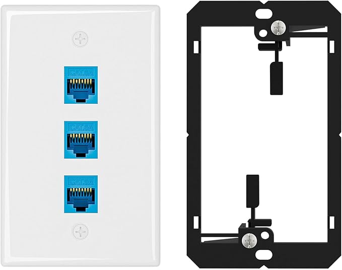 Iwillink 10Gbps Ethernet Wall Plate CAT6A, 3-Port Keystone Wall Plate and Jack Outlet, RJ45 Wall Plates with Single Gang Low Voltage Mounting Bracket - 1 Pack