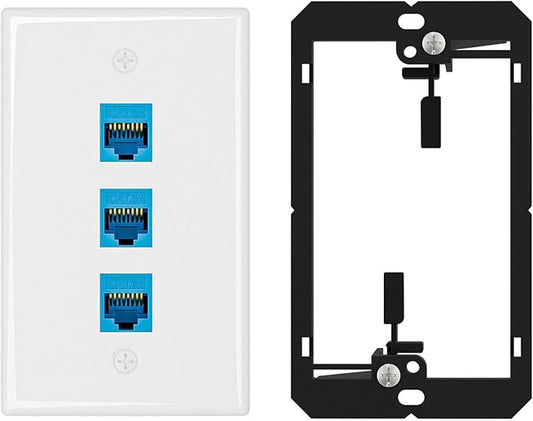 Iwillink 10Gbps Ethernet Wall Plate CAT6A, 3-Port Keystone Wall Plate and Jack Outlet, RJ45 Wall Plates with Single Gang Low Voltage Mounting Bracket - 1 Pack