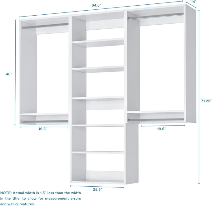 Modular Closets Vista Collection Closet Organizer System - 3 Piece Wall Mounted Kit with Hanging Rods & Shelves, White, Fits Closets 66” or wider