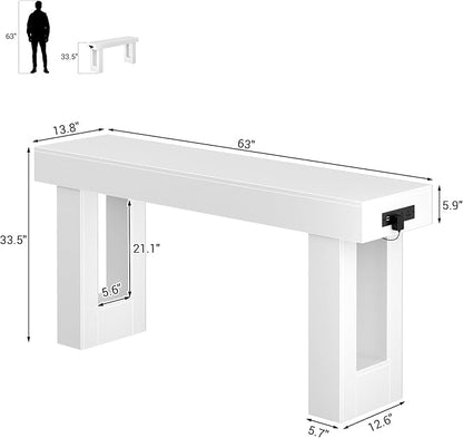 Unikito 63'' Farmhouse Console Table with Power Outlets and Sensor Light, Wooden Entryway Table with Storage, Rectangular Sofa Tables Behind The Couch for Entrance, Hallway, Living Room,
