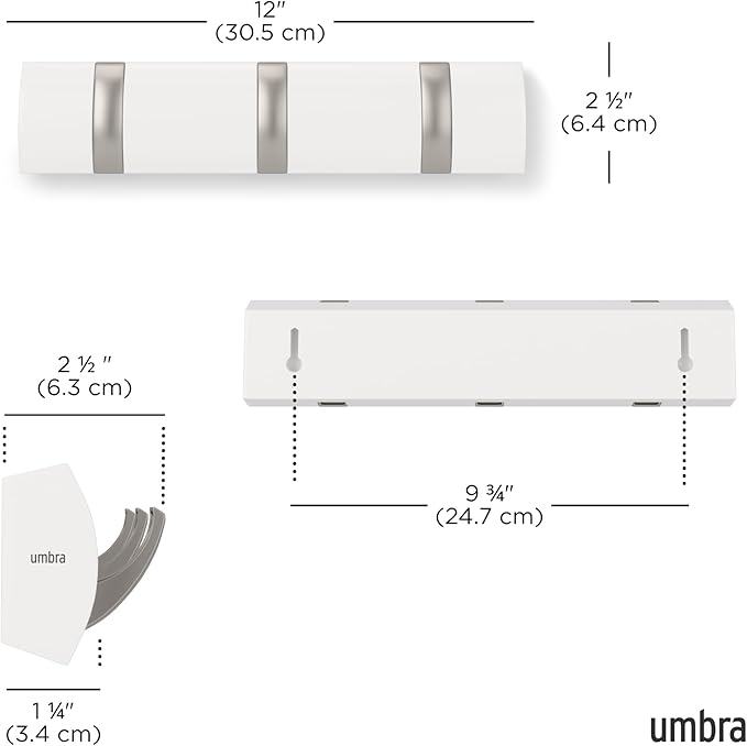 Umbra Flip Wall-Mounted Coat Rack with 3 Hooks – Modern, Space-Saving Storage for Hats, Jackets, Bags, Entryway, Mudroom, Closet, Bathroom, Bedroom – White/Nickel