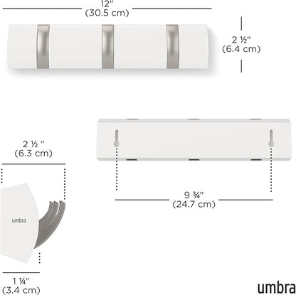 Umbra Flip Wall-Mounted Coat Rack with 3 Hooks – Modern, Space-Saving Storage for Hats, Jackets, Bags, Entryway, Mudroom, Closet, Bathroom, Bedroom – White/Nickel