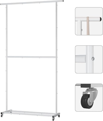 Sywhitta Double Rod Clothing Garment Rack, Rolling Clothes Organizer on Wheels for Hanging Clothes, Easy to Assemble, Adjustable, White
