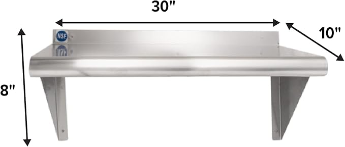 NSF Certified 18 Gauge Heavy Duty Stainless Steel Wall Shelf with Brackets for Kitchens, Utility Rooms, Storage, Offices & Home (30"x10")